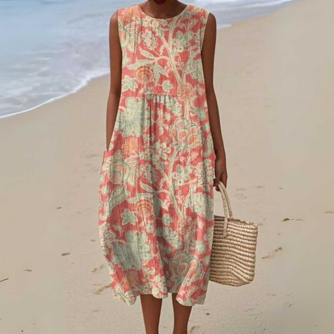 Robe fleurie corail et vert d’eau, sans manches, col rond, coupe ample