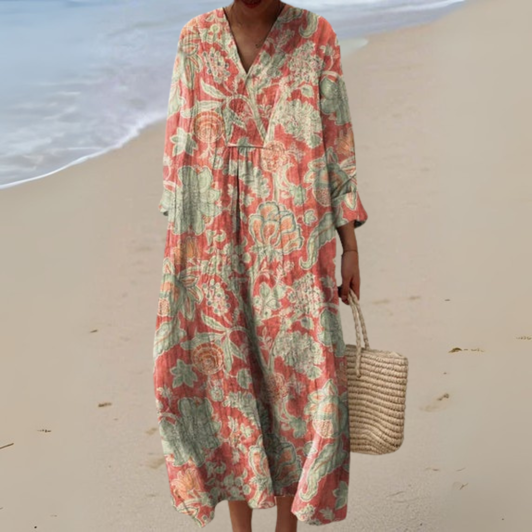 Robe fleurie corail et vert d’eau, manches longues, encolure en V, ample