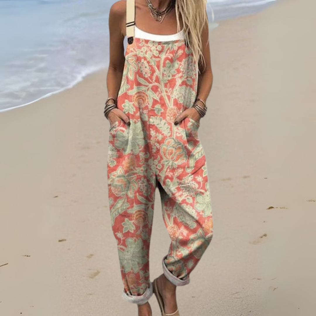 Combinaison fleurie corail et vert d’eau, haut sans manches, pantalon ample