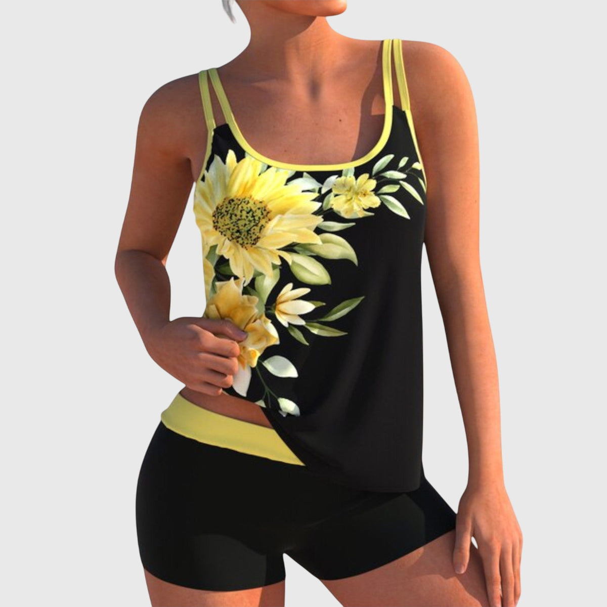 Tankini fleuri noir à fleurs jaunes, bretelles jaunes et short assorti