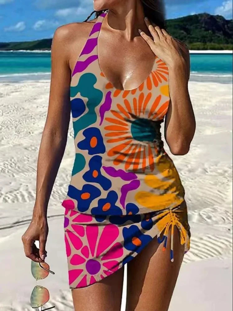 Tankini orange et violet à motifs abstraits, top à bretelles et shorts avec fronces