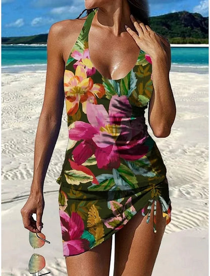 Tankini vert et rose à fleurs, top à bretelles et jupe-short avec liens latéraux