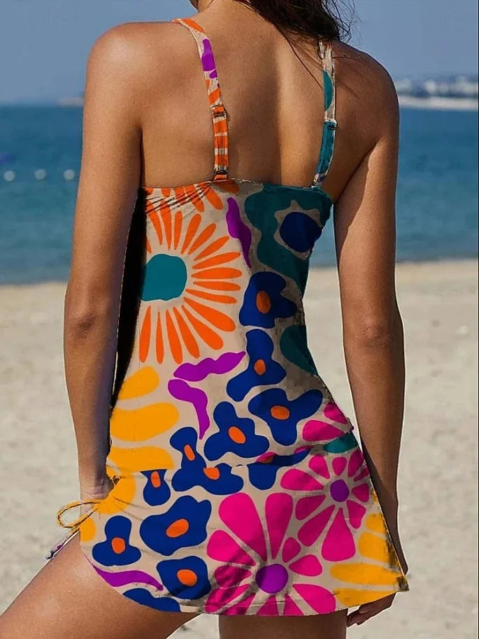 Tankini multicolore à motifs abstraits, dos nageur avec bretelles réglables et jupe-short
