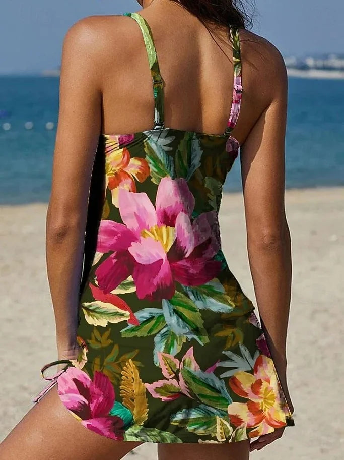 Tankini noir et multicolore à fleurs, dos nageur à bretelles et jupe-short froncée