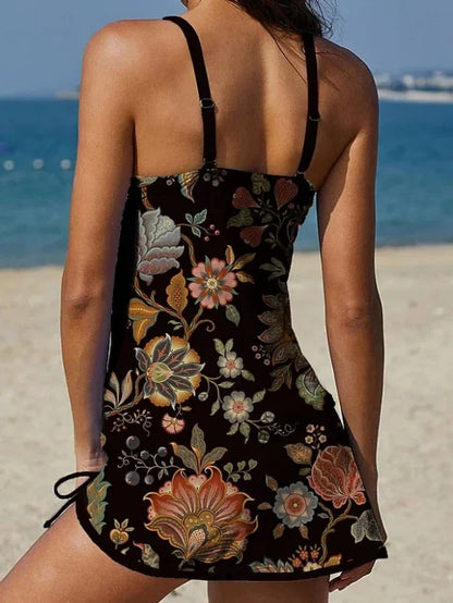 Tankini noir à fleurs, dos nageur à bretelles fines et jupe-short avec liens latéraux