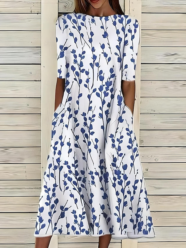 Robe d’été blanche à motifs feuilles bleues, manches courtes, coupe évasée mi-longue