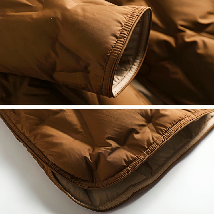 Ourlet et doublure du manteau matelassé brun cuivre, bord contrasté