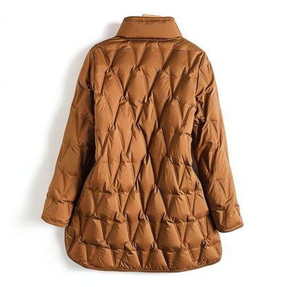 Manteau matelassé long brun cuivre, col montant, manches longues