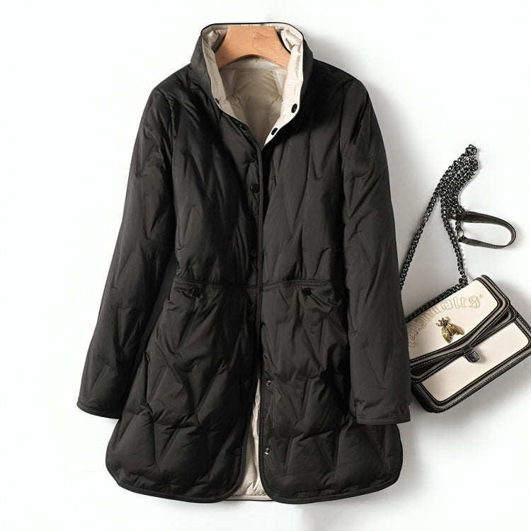 Manteau matelassé noir, col montant, fermeture boutonnée, manches longues