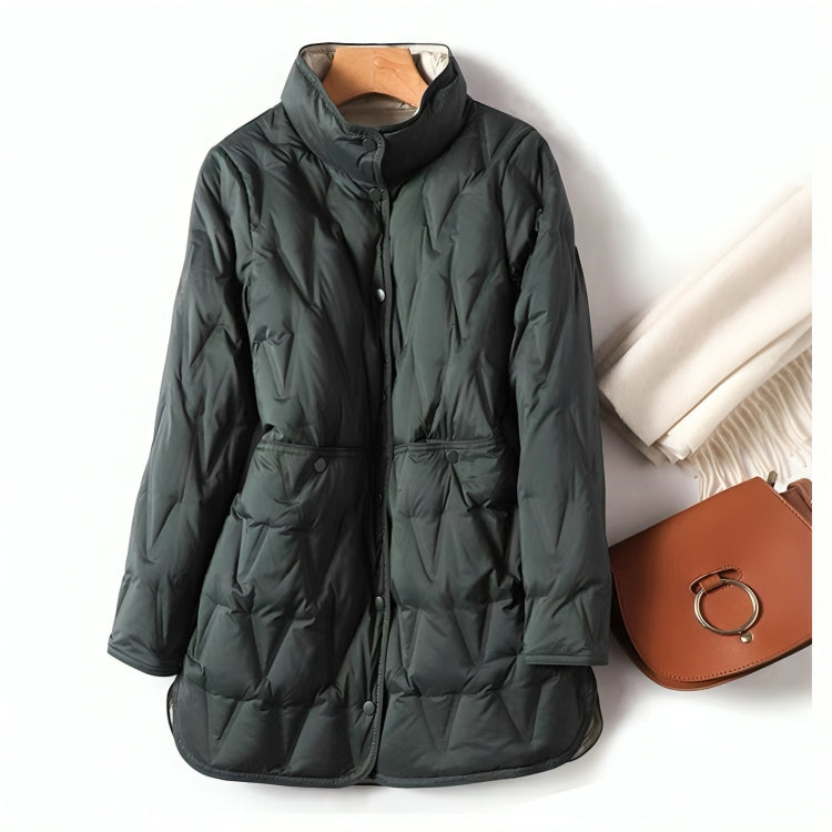 Manteau matelassé vert foncé, fermeture boutonnée, col montant
