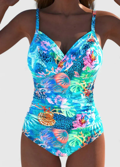 Maillot une pièce Meloryanne bleu turquoise à motifs marins, décolleté en V et bretelles
