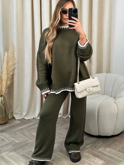 Ensemble pull et pantalon vert olive, poignets et bas contrastés tricotés