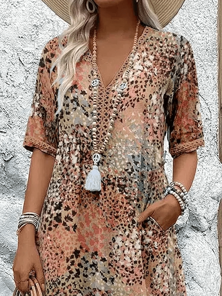 Robe d’été à col V, manches courtes, motif tacheté multicolore et pompons
