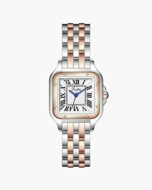 Montre femme à cadran carré, chiffres romains, bracelet acier bicolore et aiguilles bleues
