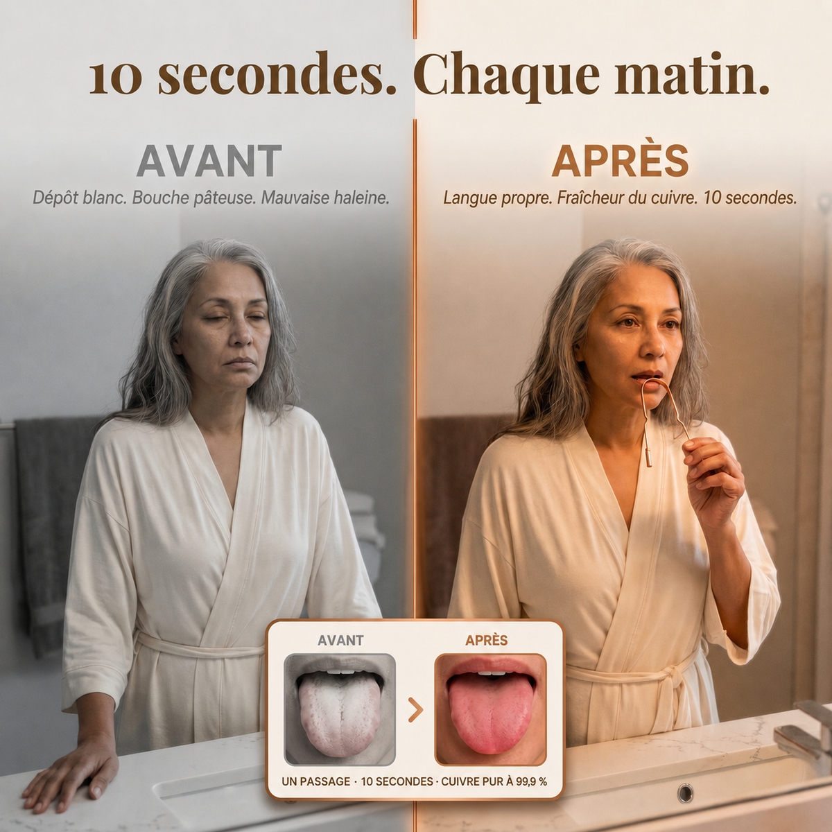 Gratte-langue en cuivre pur tenu par une personne au lavabo, embout en métal dans la bouche.