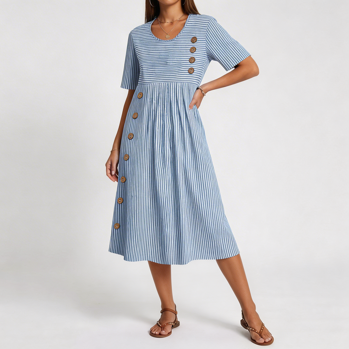 Robe midi rayée bleu, manches courtes, encolure ronde, bas évasé, boutons