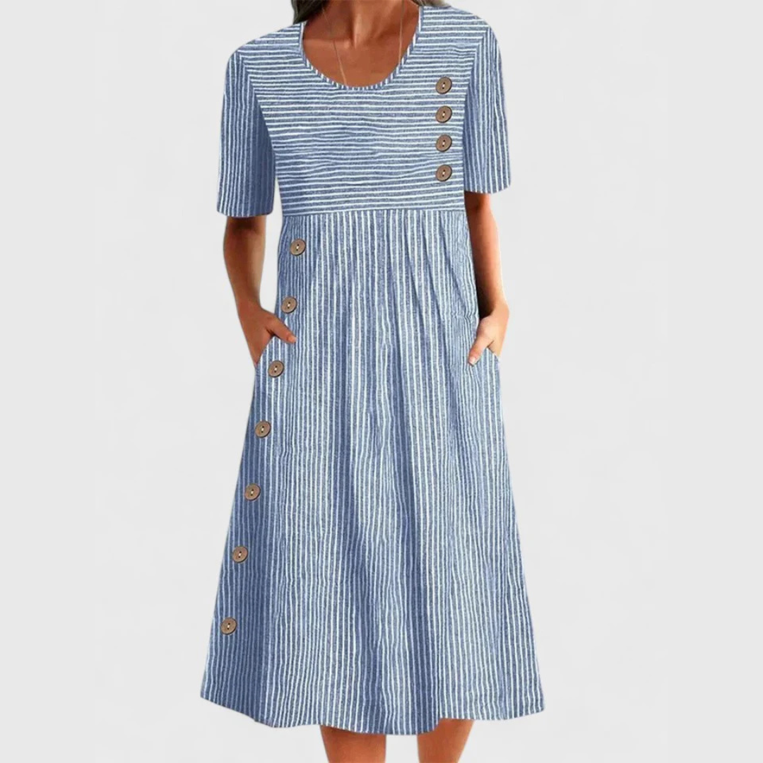 Robe midi rayée bleu, manches courtes, encolure ronde, boutons décoratifs