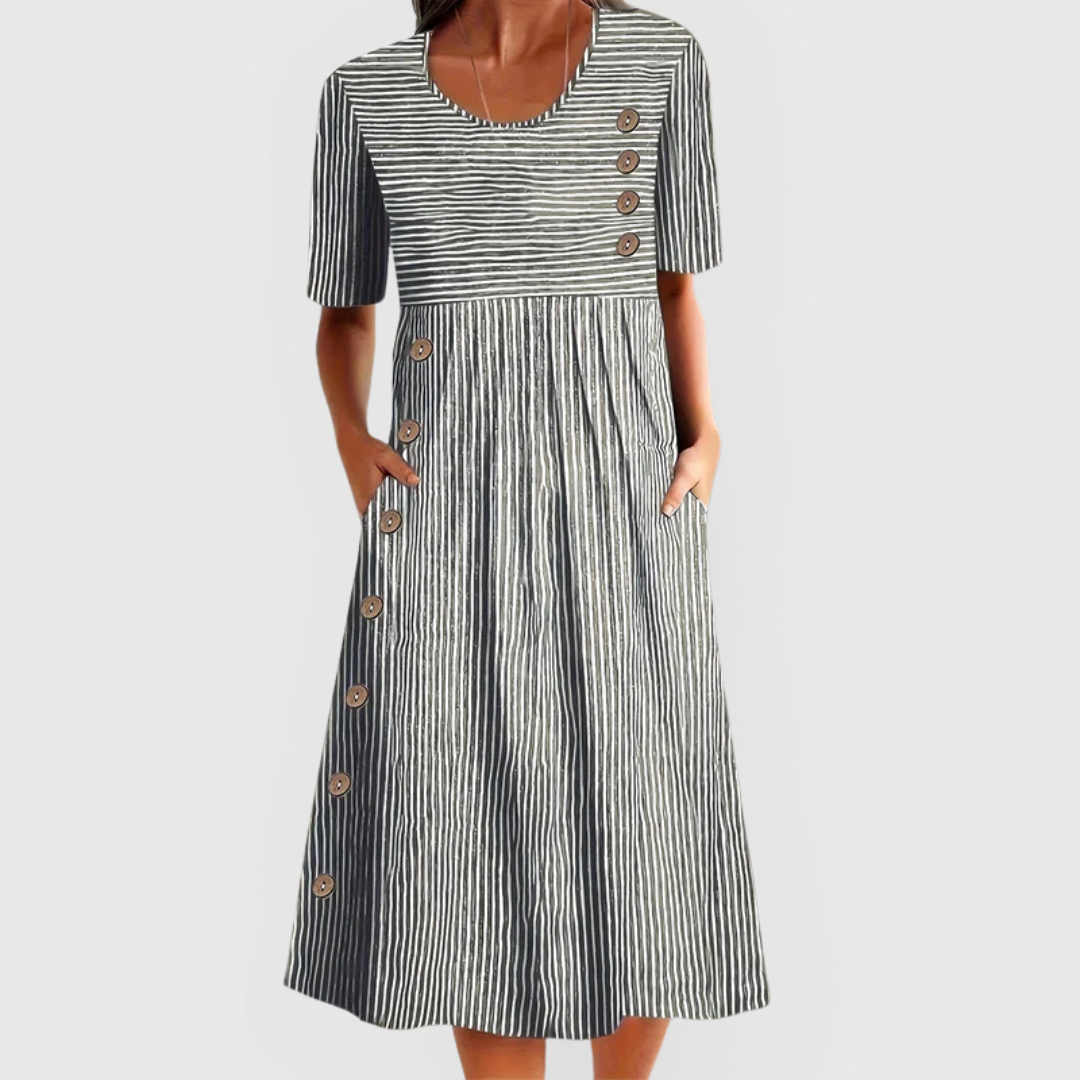 Robe midi rayée bleu foncé et blanc, manches courtes, encolure ronde, boutons