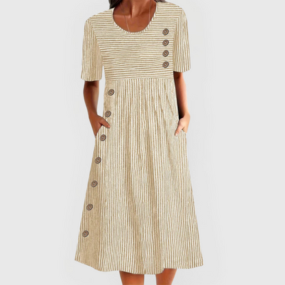 Robe midi rayée beige et blanc, manches courtes, encolure ronde, boutons