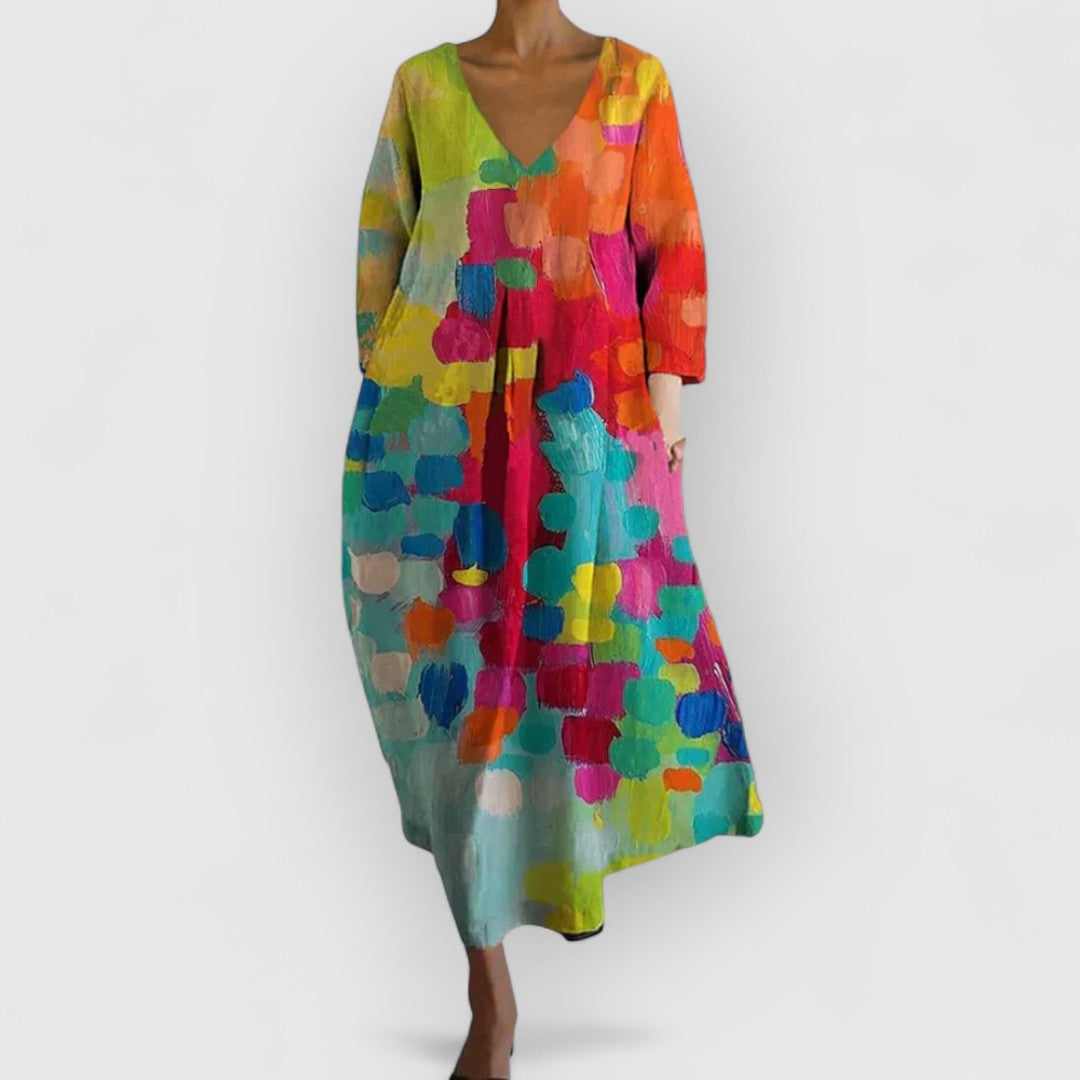 Robe multicolore à décolleté en V, manches trois-quarts, motif abstrait