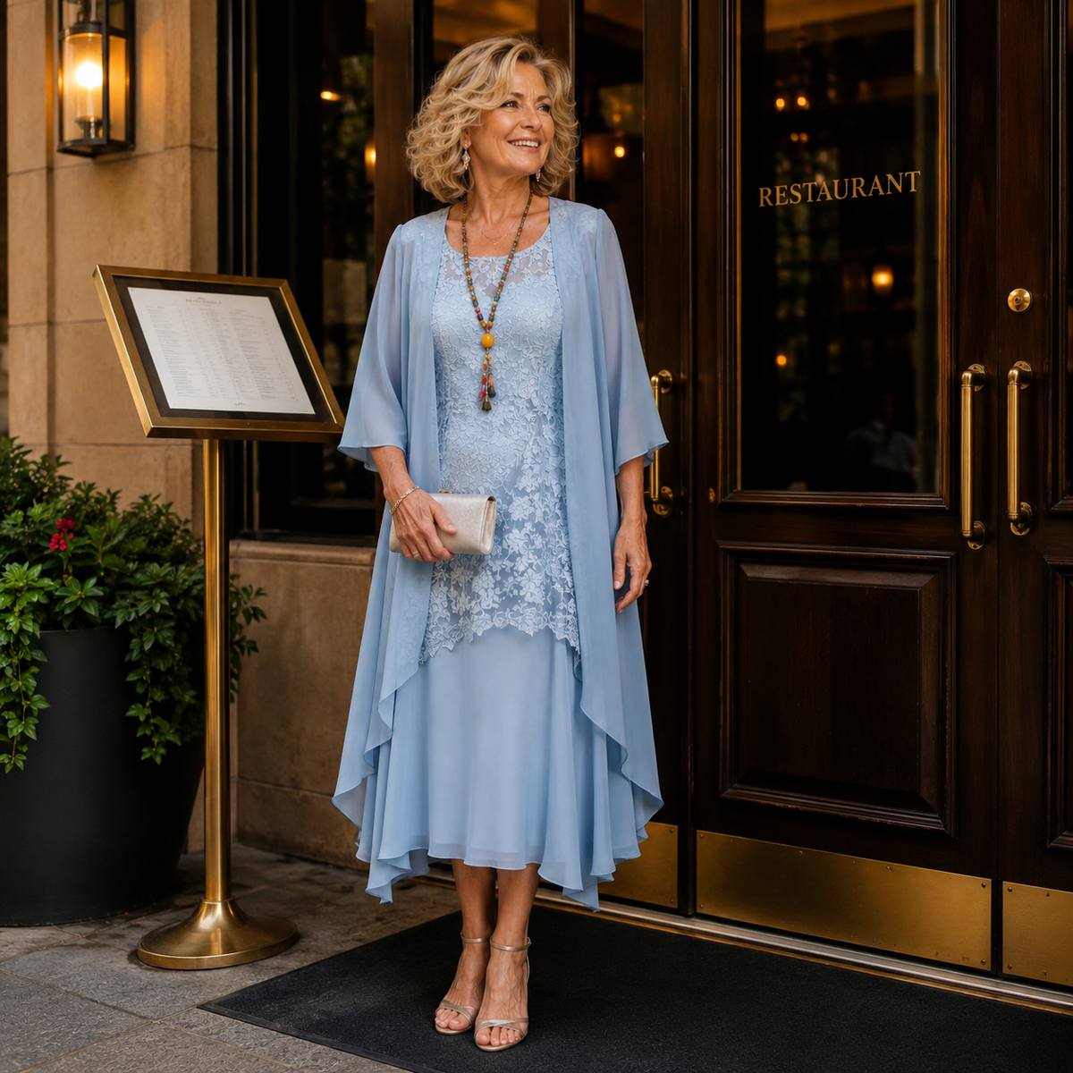 Robe longue bleu ciel avec empiècement en dentelle, superposition et manches amples.