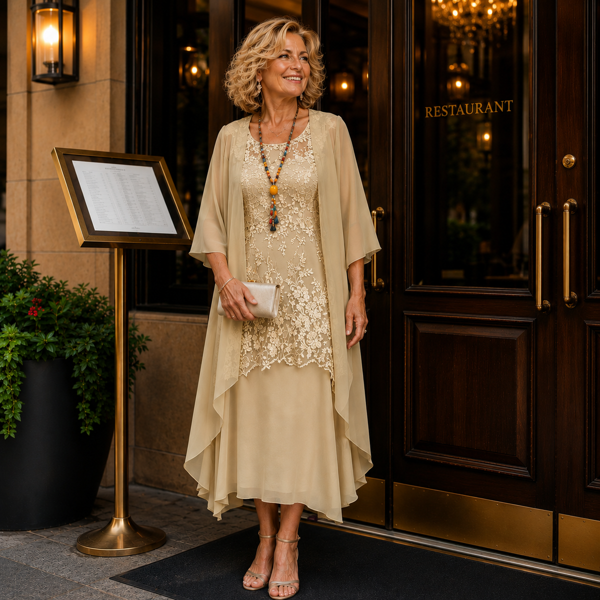 Robe longue beige avec dentelle florale, superposition fluide et manches amples.