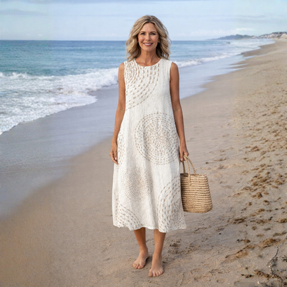 Robe décontractée rétro beige, sans manches, motif texturé crochet, coupe évasée mi-longue
