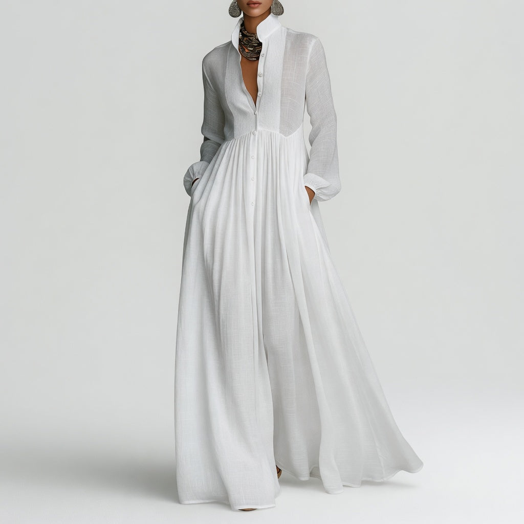 Robe maxi blanche minimaliste à col V, manches longues, boutonnée, taille marquée