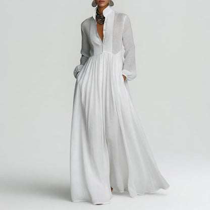 Robe maxi blanche minimaliste à col V, manches longues, boutonnée, taille marquée