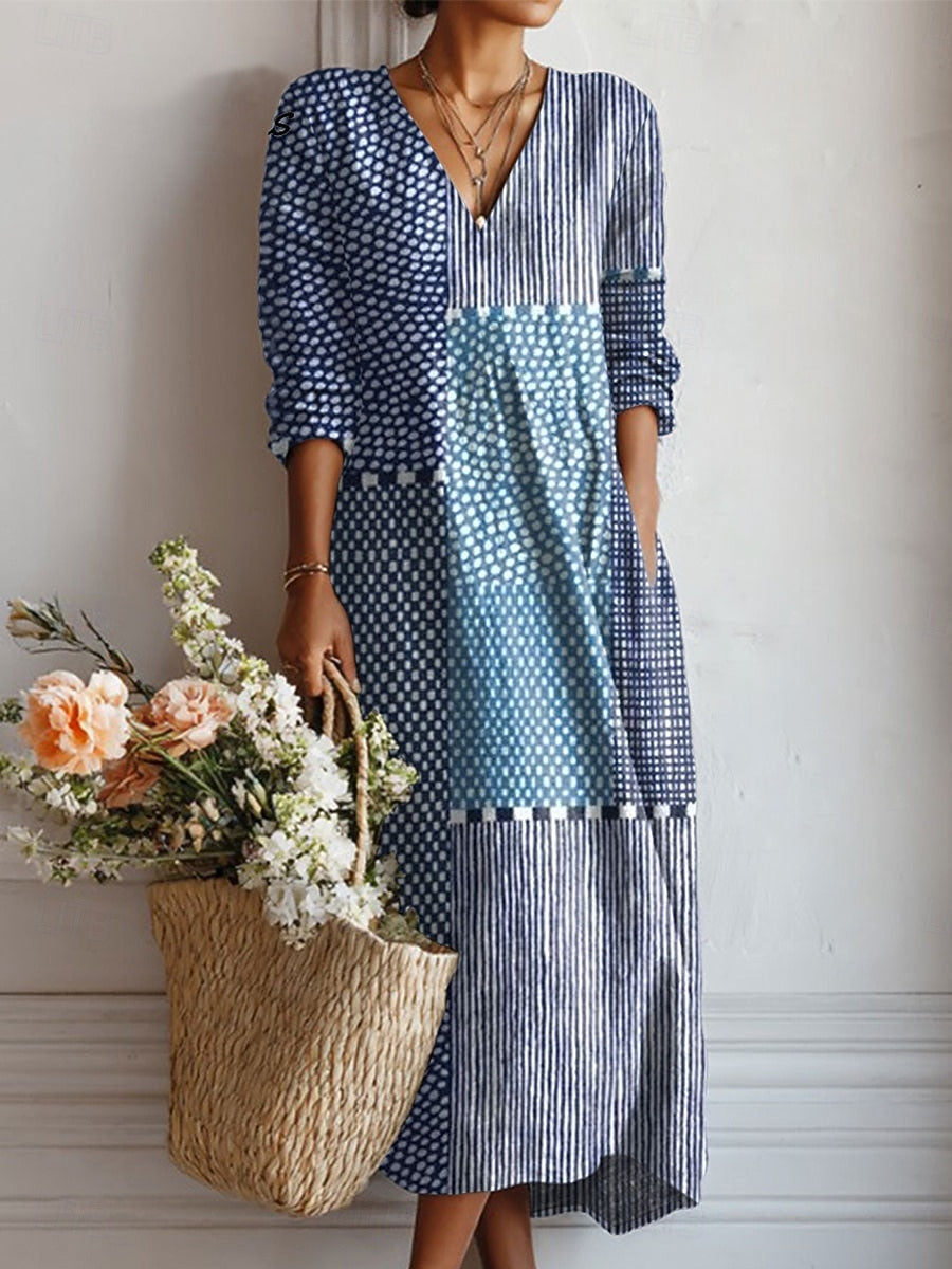 Robe mi-longue bleue à col V, manches longues, panneaux rayés et motifs