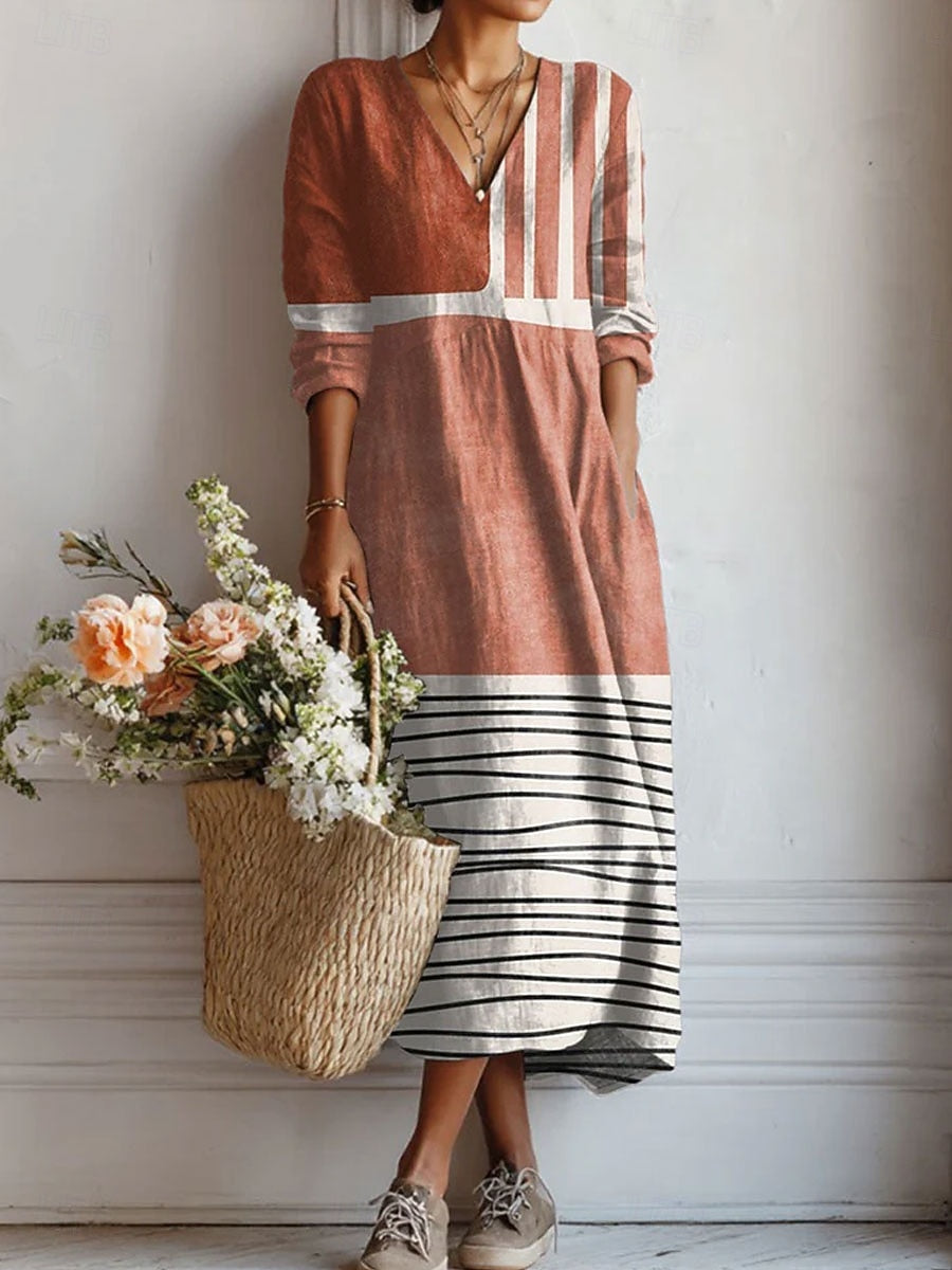 Zoey™ robe mi-longue manches longues brun-rouille et rayures noir/blanc, col V