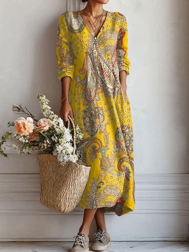 Robe de confort Eva™ jaune à motif cachemire, col en V, manches 3/4