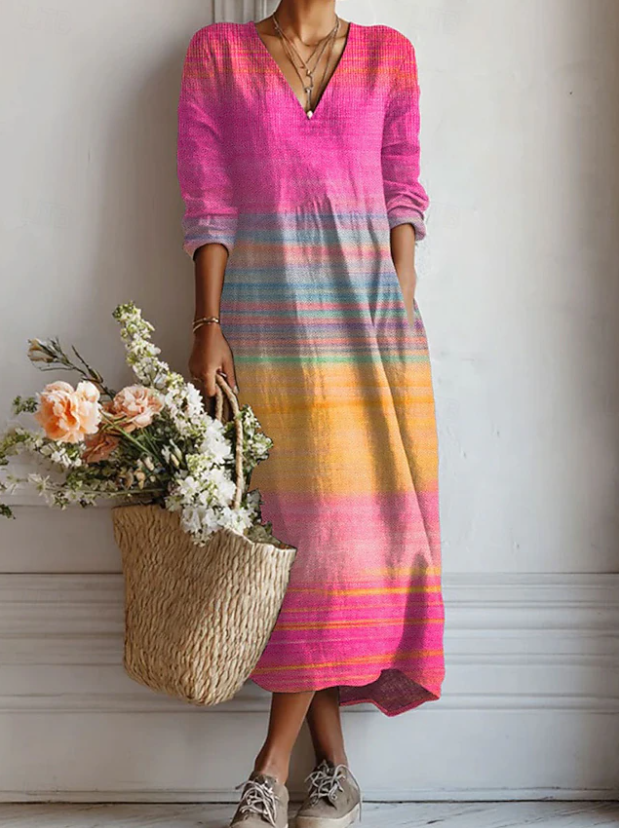 Robe Marit™ en lin à encolure V, manches 3/4, rayures multicolores
