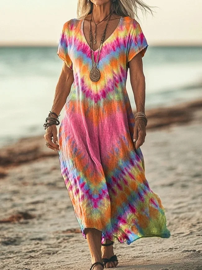 Robe élégante en coton multicolore à manches courtes, décolleté en V et ourlet mi-long