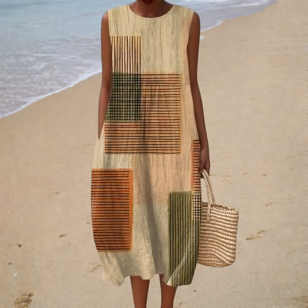 Robe midi sans manches beige à motifs graphiques rectangulaires vert et marron
