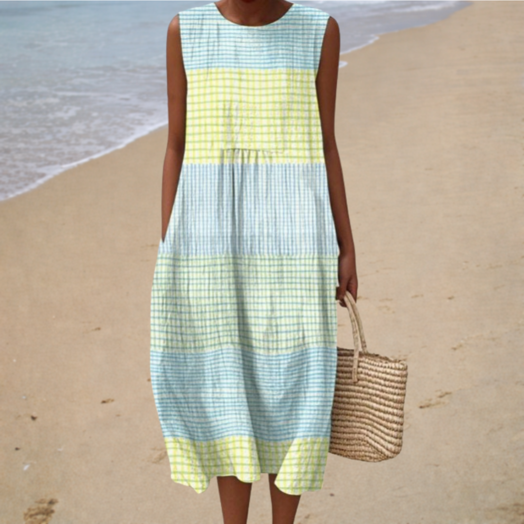 Robe midi décontractée sans manches à carreaux pastel, encolure ronde, panneaux superposés