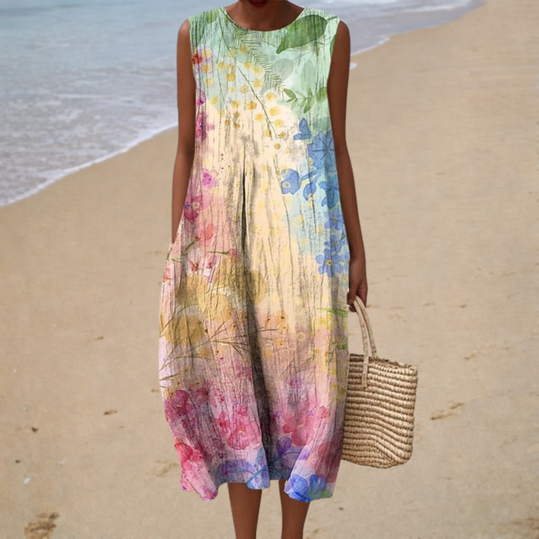 Robe midi bohème sans manches à fleurs, imprimé multicolore, coupe ample