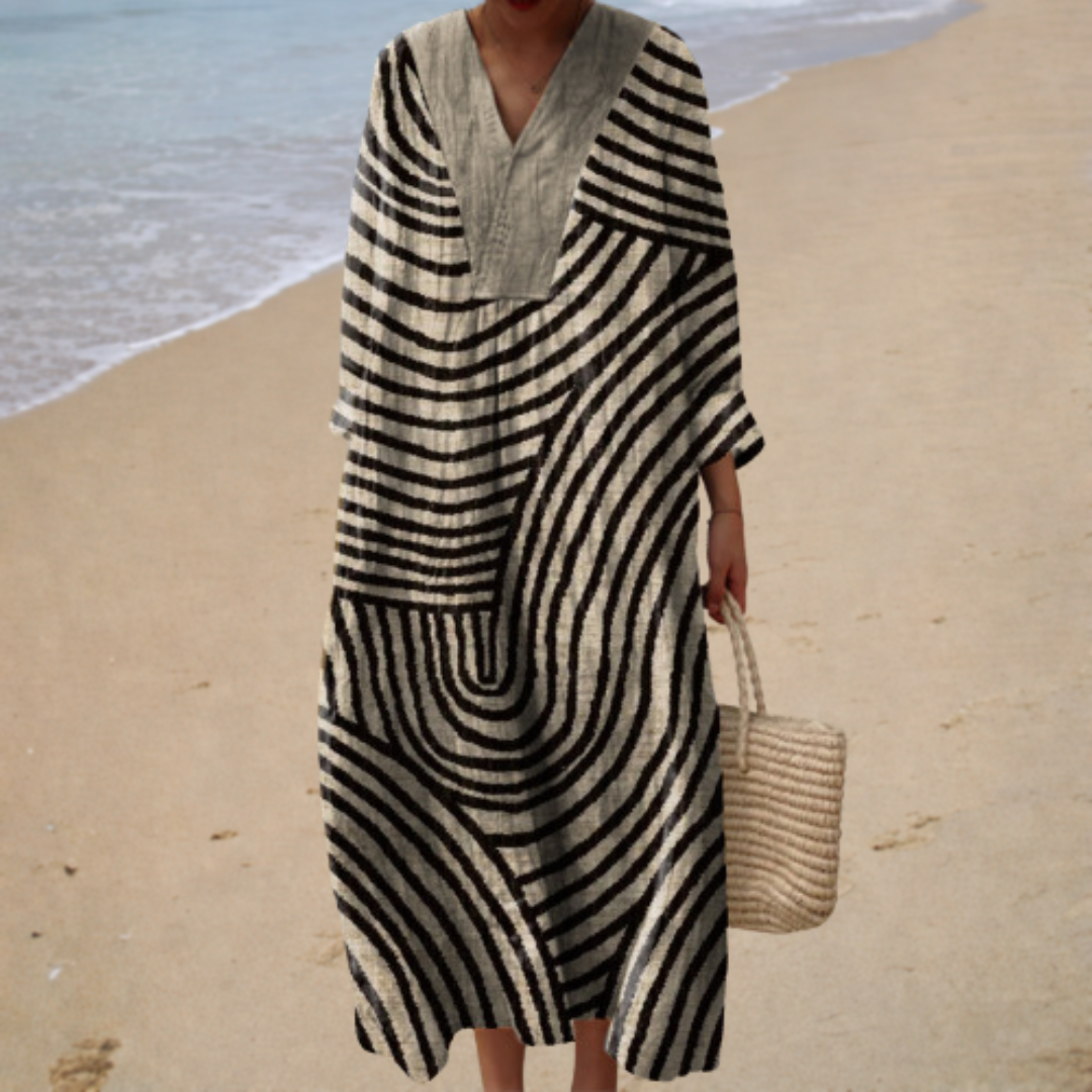 Robe longue col V, motif noir et blanc, manches amples, coupe ample