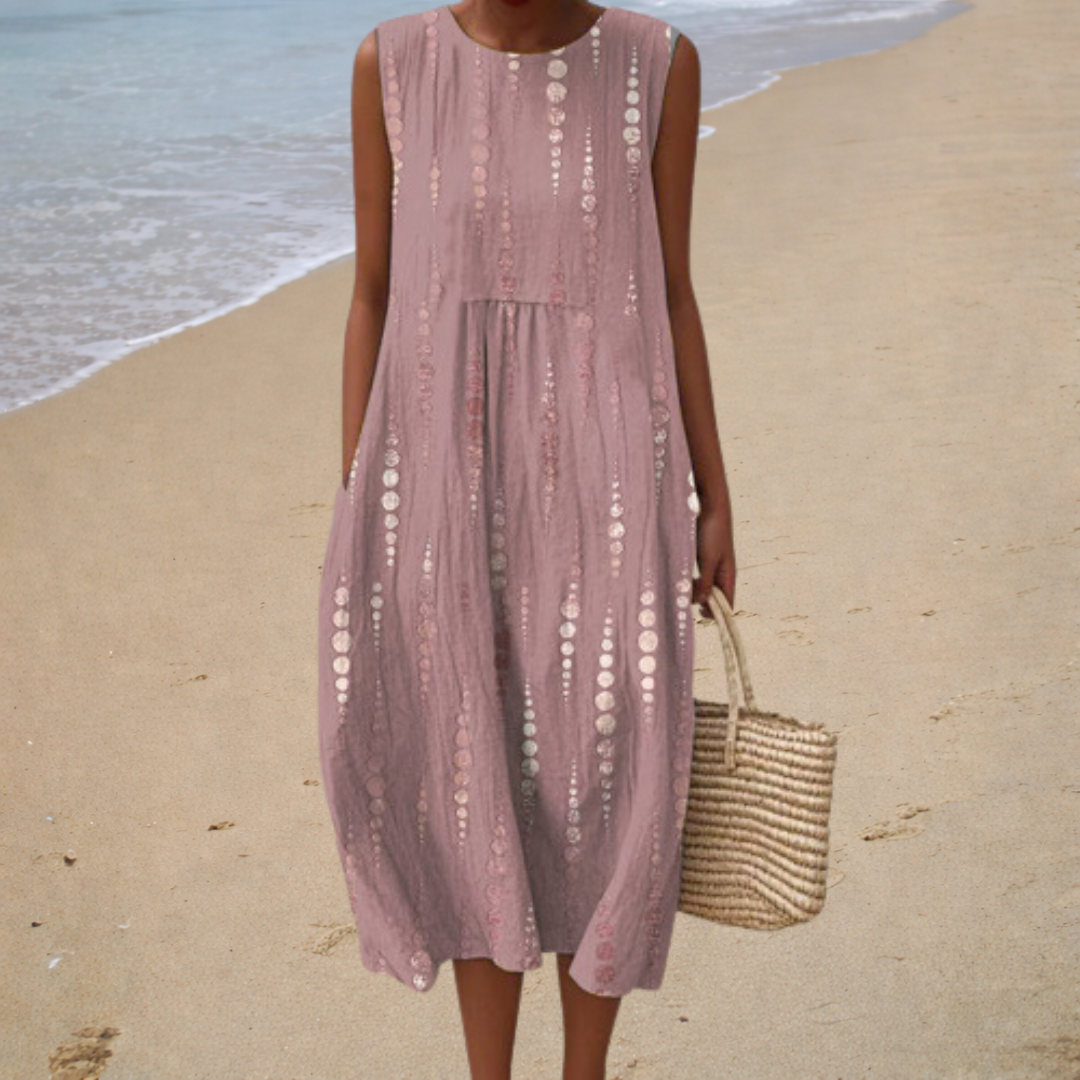 Robe midi rose sans manches à broderies et boutons décoratifs, encolure ronde