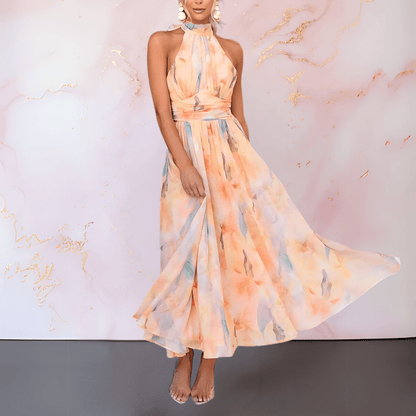 Robe midi à col halter, imprimé aquarelle pastel orange et bleu, taille drapée.