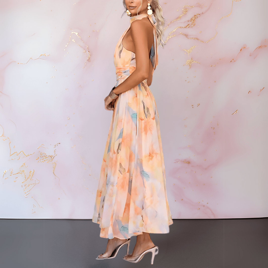 Robe midi aquarelle pastel orange et bleu, jupe évasée, col halter.
