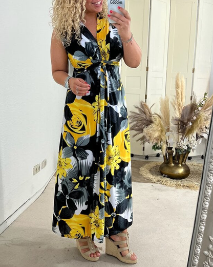 Robe longue d’été Sacha jaune et noire à fleurs, col V, ceinture nouée