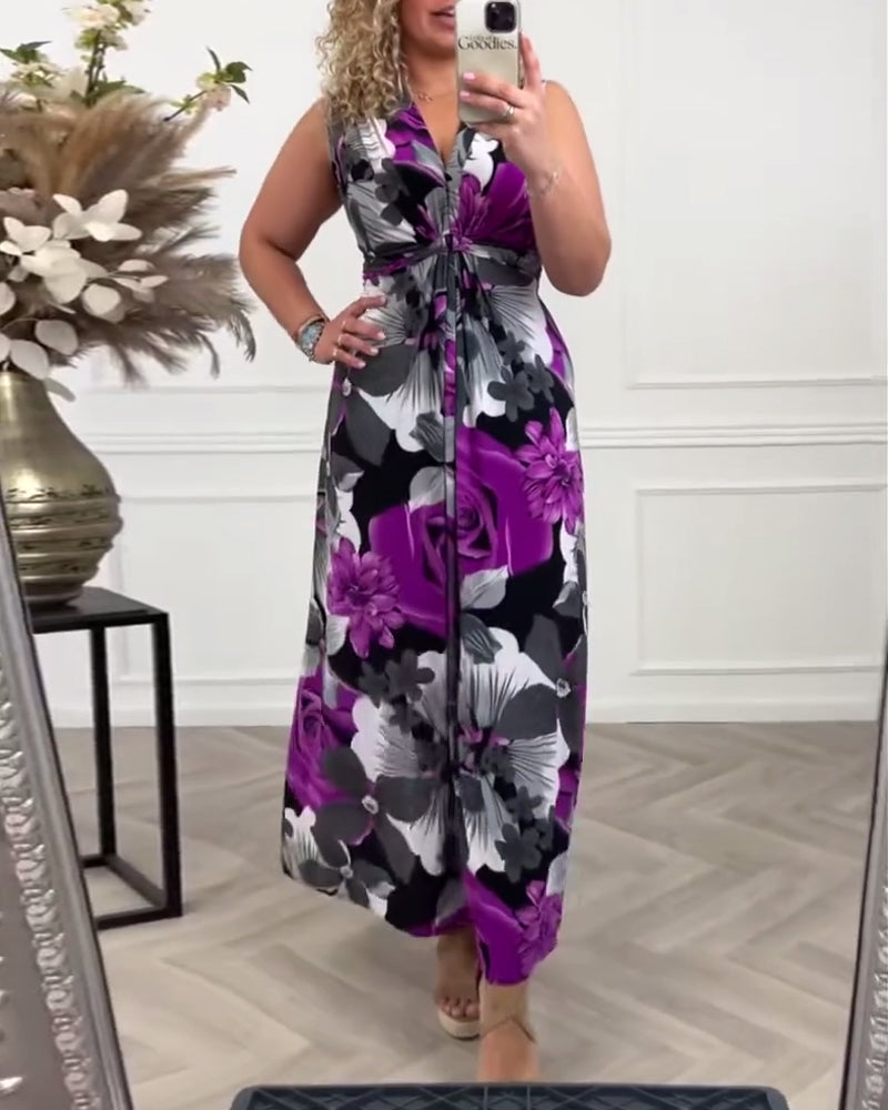 Robe longue d’été élégante Sacha violette à fleurs, col V, sans manches nouées