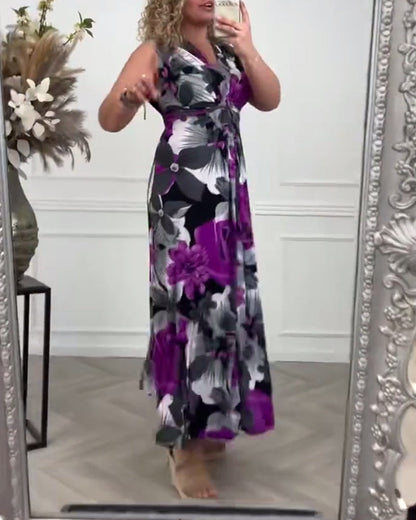 Robe longue d’été Sacha à fleurs violettes et noires, col V, ceinture nouée