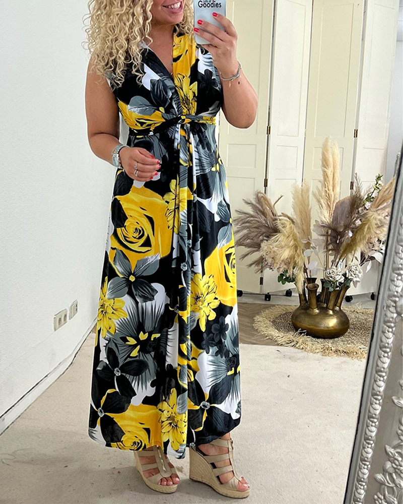 Robe longue d’été Sacha jaune à fleurs noires, col V, sans manches nouées