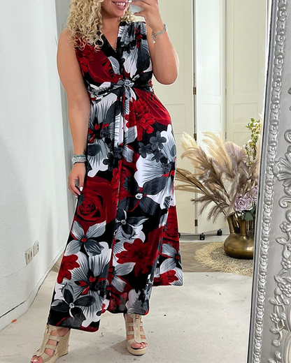 Robe longue d’été Sacha rouge à fleurs, col V, sans manches, ceinture nouée