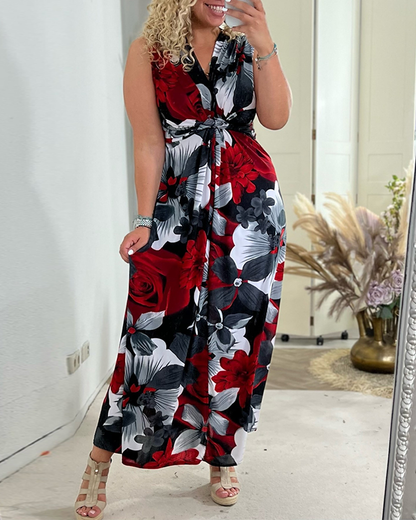 Robe longue d’été Sacha rouge et noire à fleurs, col V, sans manches, ceinture nouée