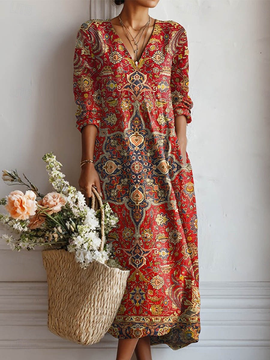 Diva™ robe de confort quotidienne rouge, imprimé cachemire multicolore, manches longues