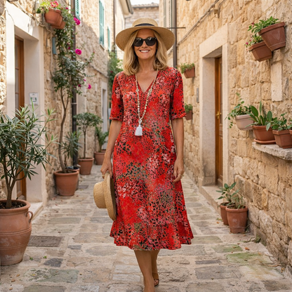 Robe midi imprimée rouge écarlate, col V, manches trois-quarts, tissu fluide.