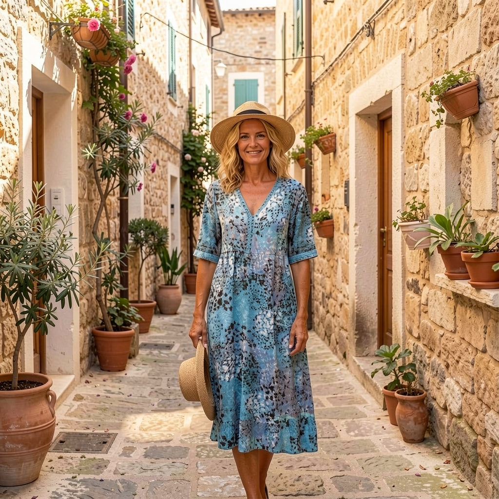 Robe midi imprimée bleu océan, col V, manches trois-quarts, coupe évasée.